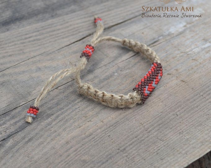 Red hemp bracelet, guys bracelet, men bracelet, natural bracelet, hippie bracelet, men jewelry, macrame bracelet, bead bracelet, beaded