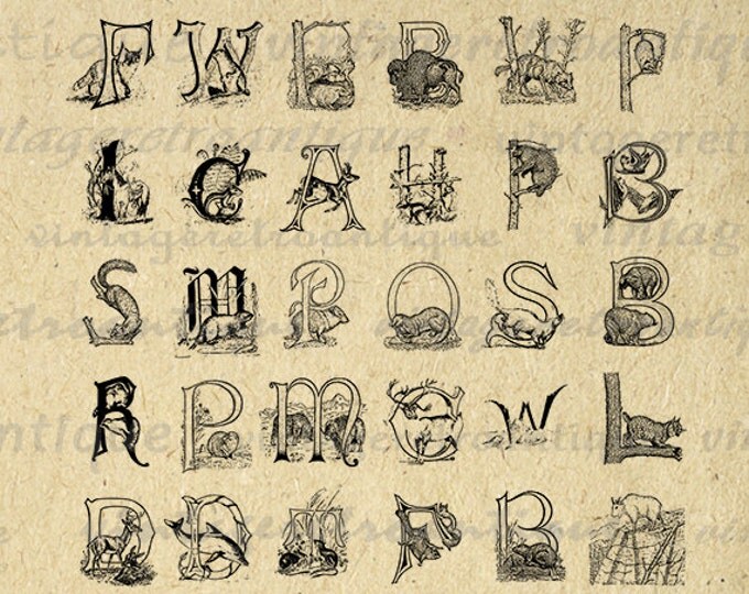 Animal Letters Digital Printable Download Alphabet Collage Sheet Image Graphic Antique Clip Art Jpg Png Eps HQ 300dpi No.994