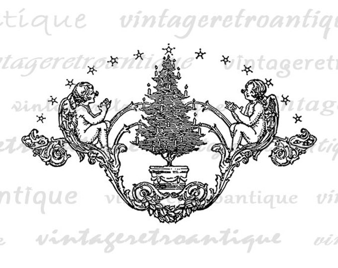 Printable Image Christmas Tree Banner Digital Download Graphic Artwork Vintage Clip Art Jpg Png Eps HQ 300dpi No.2279