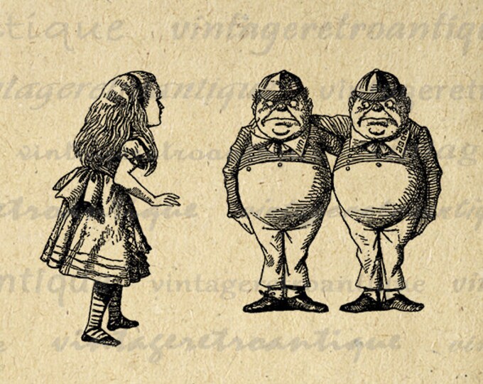 Printable Digital Tweedledee and Tweedledum Graphic Alice in Wonderland Download Image Antique Clip Art HQ 300dpi No.1483