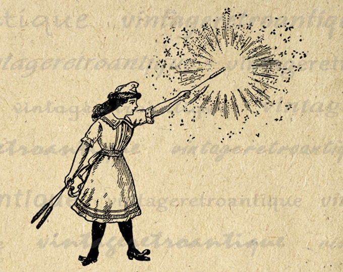 Digital Antique Girl with Sparklers Graphic Image Illustration Printable Download Vintage Clip Art for Transfers HQ 300dpi No.1127