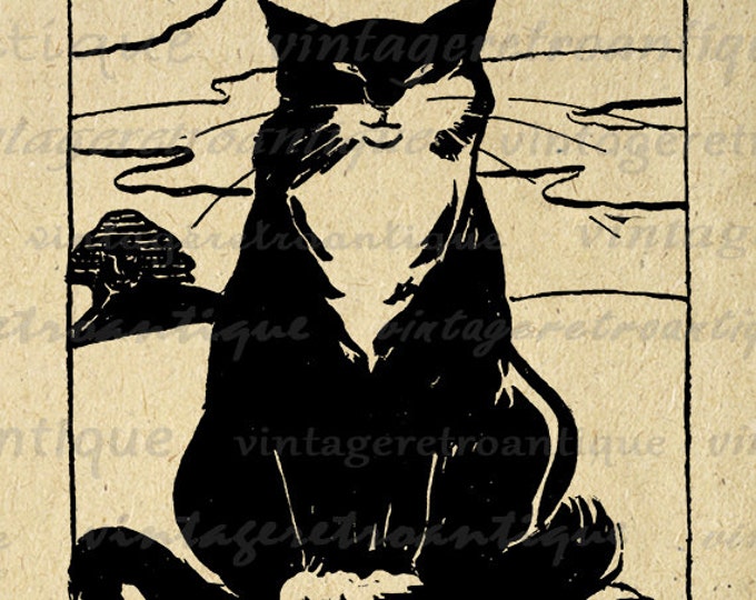 Printable Image Black and White Cat Download Illustration Digital Graphic Antique Clip Art Jpg Png Eps HQ 300dpi No.1782