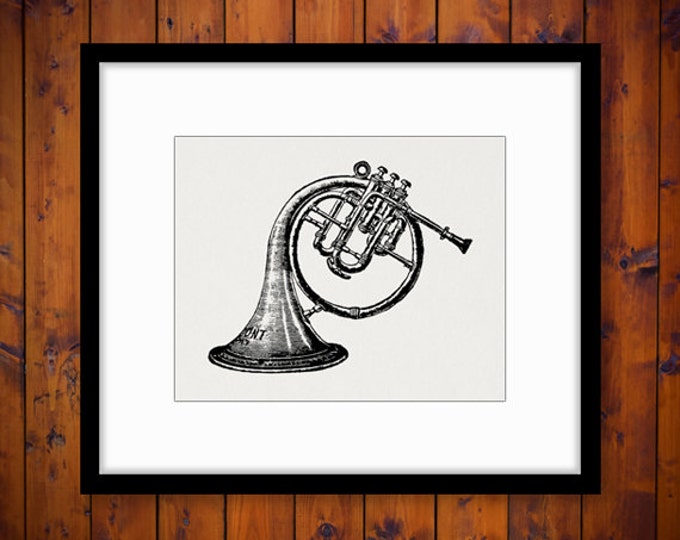 Printable Digital French Horn Graphic Music Instrument Image Illustration Download Artwork Antique Clip Art Jpg Png HQ 300dpi No.1136