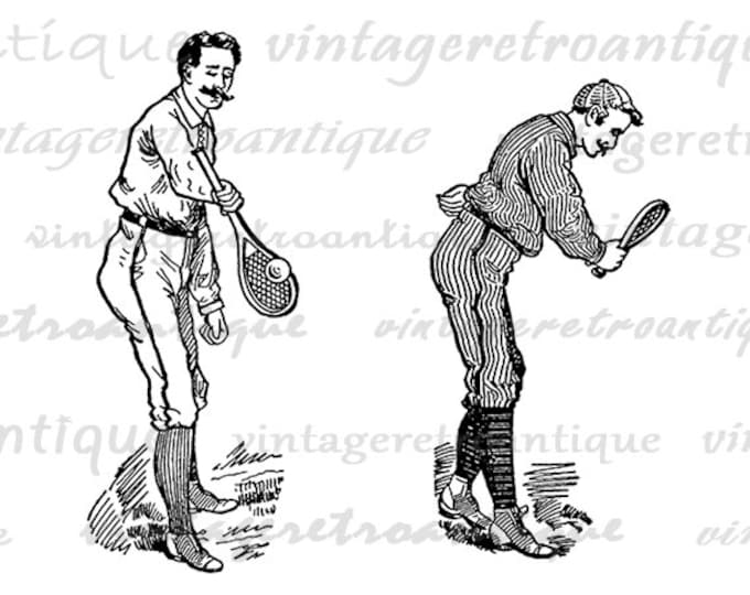 Old Fashioned Tennis Players Image Printable Digital Tennis Graphic Download Vintage Clip Art Jpg Png Eps HQ 300dpi No.4240