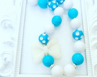 Turquoise And White Frozen Chunky Necklace, Girl's Turquoise Gumball Necklace, Inspired Frozen Chunky Necklace, Girl's Frozen Necklace