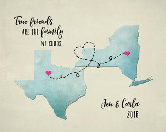 Long Distance Best Friend Gift, Going Away Gift for Friend, Friendship Quote Print BFF Gift Map Art Customize With Any Two States print 8x10