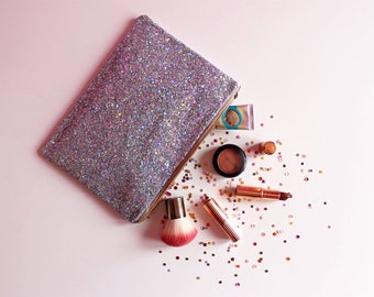 Silver Glitter Clutch Bag, Silver Rainbow Sparkly Evening Bag, Rainbow Glitter Bag, Silver Party Bag, Sparkly Silver Clutch,