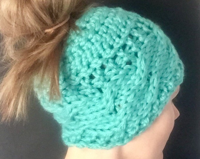 Robin Egg Blue Aqua Cable Knit Bun Beanie with Large Floral Wooden Button, Chunky Sea Green Messy Bun Hat with Large Button