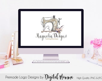 Premade Magnolia ~Floral Sewing Logo Design, Handmade, Seamstress Logo, Watercolor Sewing Machine Logo