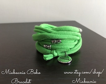 Sale-Lime Green Fabric Bracelet Cuff/Necklace With Believe/Inspire Silver Charms