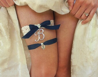 Navy Blue Garter Something Blue Garter Wedding Garter Custom Garter Navy Wedding Garters Blue Wedding Garder ooak monogram personalized blue