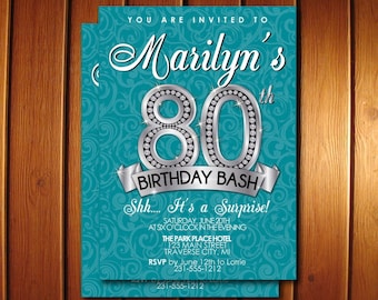 80th Birthday Invitation - Adult Birthday Party Invitation - Diamond Milestone