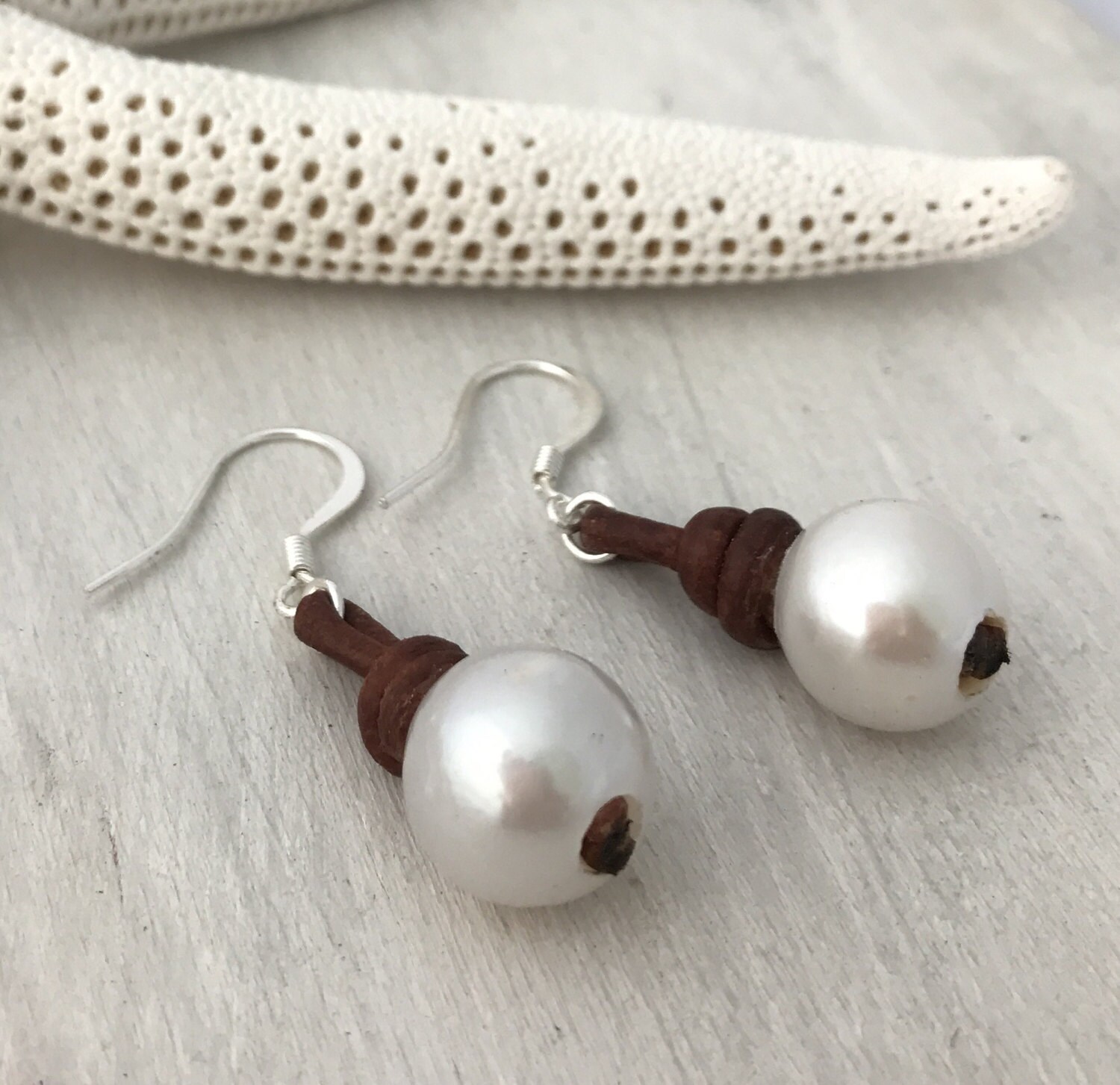 leather pearl earrings leather and pearl earring