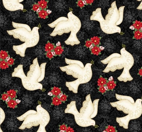 Items similar to Winter Bliss Holiday Poinsettia & Doves Cotton Fabric ...