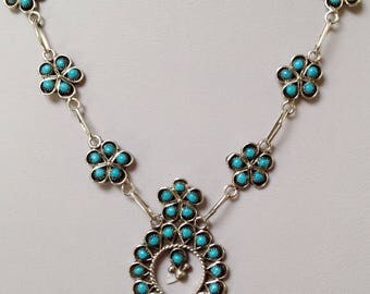 Native American Navajo Turquoise Sterling Silver Squash Blossom Link Necklace R M James 17"