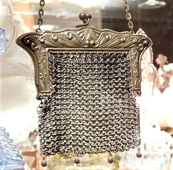 1900s Antique German Silver Purse Art Nouveau Victorian Coin Purse Chain Metal Steel Mesh Chainmaille Handbag Bag Coin Pouch Wedding Bride