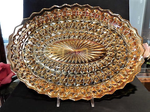 Mid Century 1950s 50s Platter Iridescent Glass Oval Serving Platter Wedding Table Decor Holiday aka Buttons and Bows Pattern Jeannette Glass