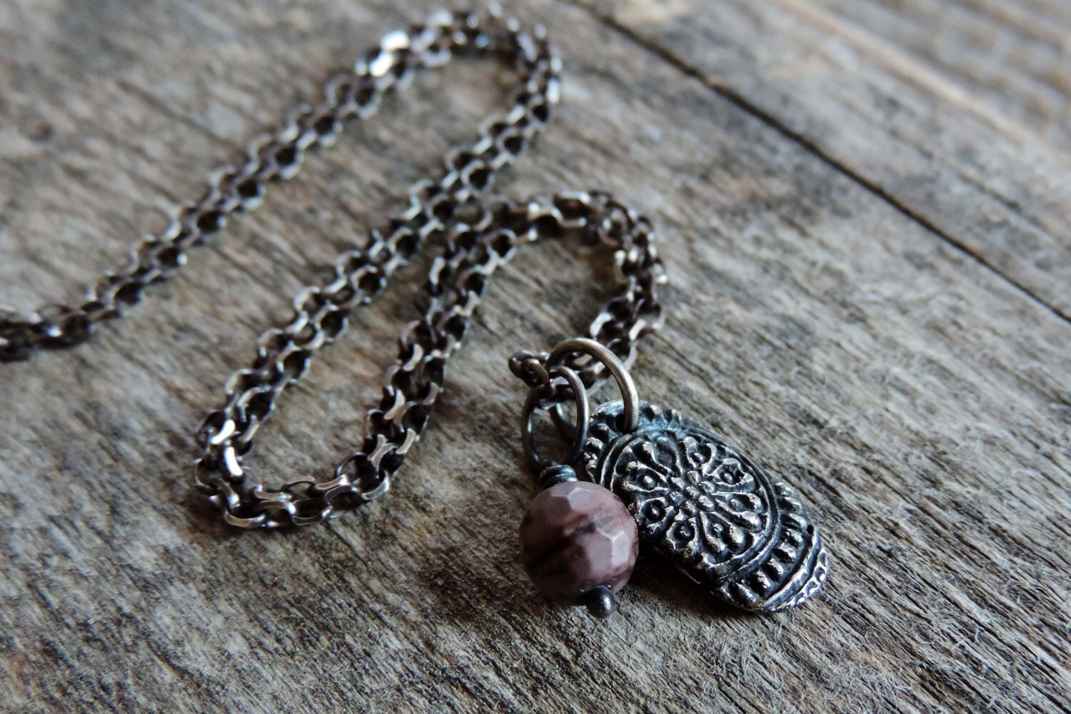 Floral Stamping Charm Oxidized Sterling Silver Necklace