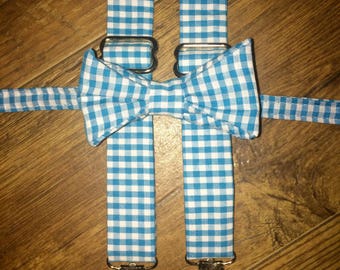 Teal and white gingham plaid bow tie and suspender set/boy, toddler, child outfit, ringbearer, necktie, perfect for pictures and weddings