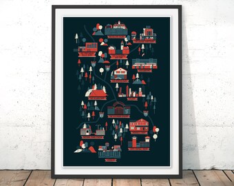 The Walking Dead Art Print, Walking Dead Map, Walking Dead Art, Town Poster Wall Decor, Walking Dead Gift, Framed and Unframed Giclee Print