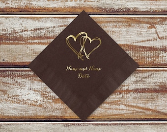 Rustic Country Wedding Cocktail Napkins | Country Hearts Personalized Mocha Brown Color Cocktail Napkins Shown With Gold Foil Imprint Design