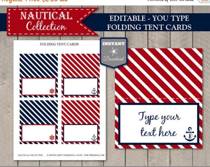 SALE INSTANT DOWNLOAD Nautical Folding Tent Cards/ Place Cards / Editable Type your text / Printable / Nautical Boy Collection / Item #605