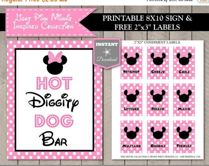 SALE INSTANT DOWNLOAD Light Pink 8x10 Printable Hot Diggity Dog Bar Sign/ Free 2"x3" Condiment Labels / Light Pink Mouse Collection / Item #
