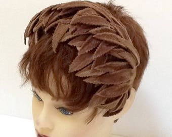Vintage Velvet Leaf Half Hat / Headband Hat / Brown Velvet / Abstract / Mid Century / Retro / High Fashion / Mini Hat