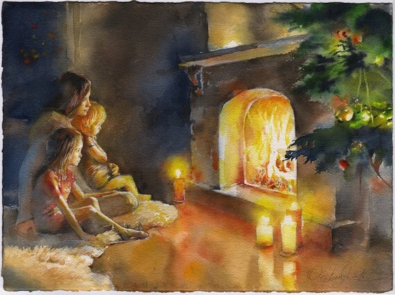 Fireplace watercolor painting Christmas family watercolor