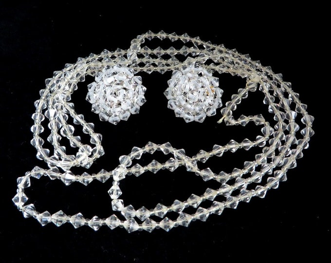 Vintage Crystal Bead Necklace Set, Plastic Faceted Bead Flapper Necklace and Clip-on Earrings Set