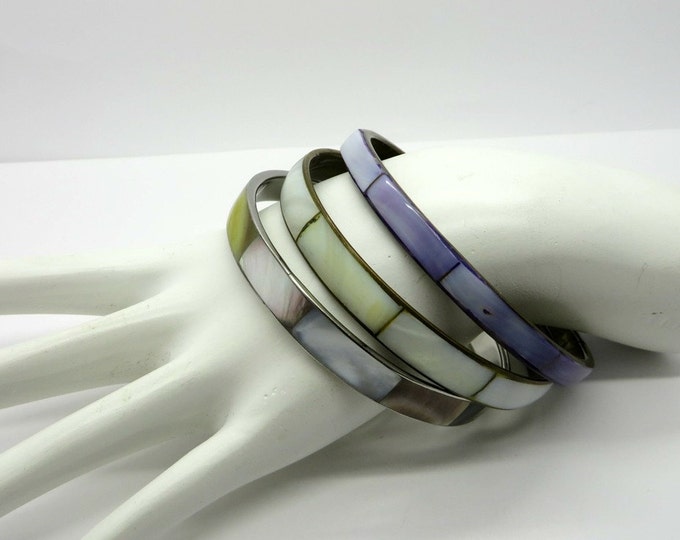 Vintage Mother of Pearl Bracelet Trio, Pastel Inlay Silver Tone Bangles
