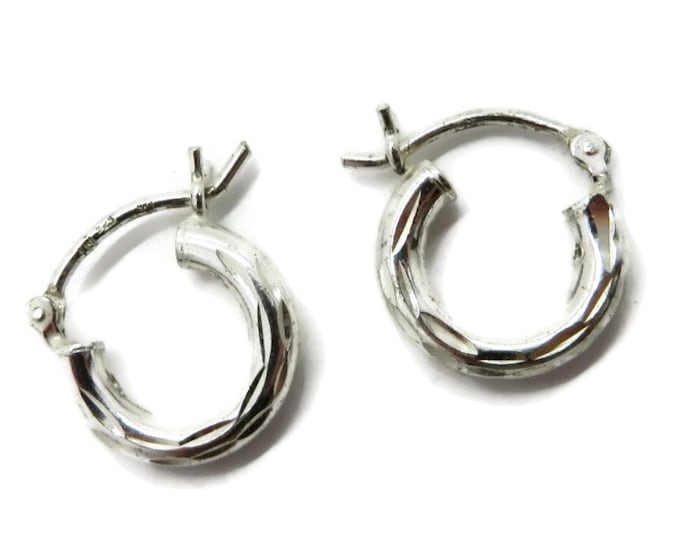 Vintage Huggie Hoop Earrings, Sterling Silver Textured Hoop Pierced Earrings, Gift Idea Small Hoop Earrings