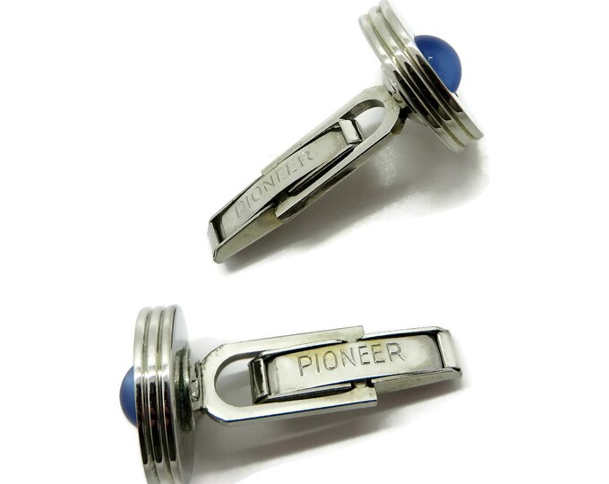 Vintage Pioneer Blue Tiger Eye Silver Tone Cufflinks, Men's Suit Accessory