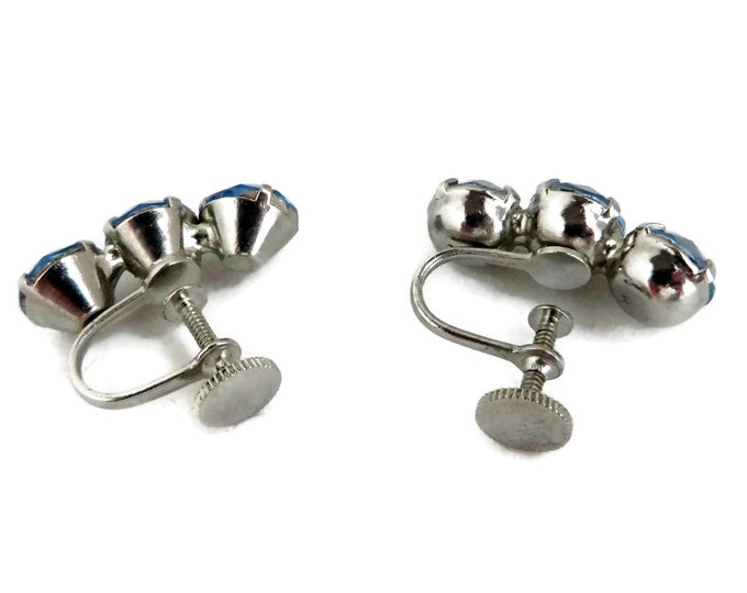 Blue Rhinestone Earrings Vintage Silver Tone Screwback Earrings, Bridal Jewelry