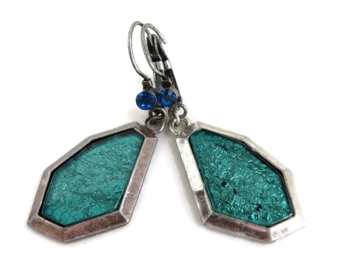 Vintage Green Blue Silvertone Boho Dangling Leverback Pierced Earrings
