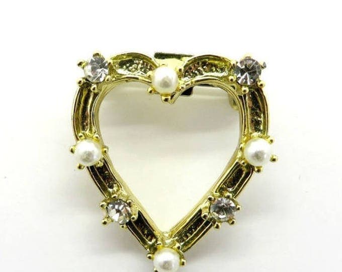 ON SALE! Gerry's Heart Brooch, Vintage Faux Pearl and Rhinestone Gold Tone Heart Pin