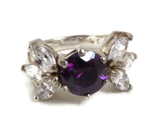 Amethyst Sterling Silver Ring, Vintage Amethyst, CZ Cocktail Ring Runway Costume Jewelry Gift Idea Size 6