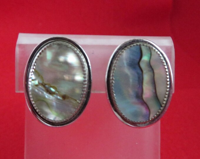 Whiting and Davis Abalone Earrings, Vintage Silvertone Oval Designer Signed Clip on Earrings