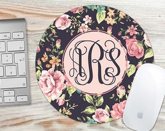 Pretty Floral Roses Monogram Mouse Pad - Roses Flowers Monogrammed - Personalized Mouse Pad - Round or Rectangle 7024