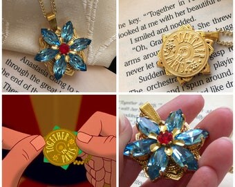 PRE-ORDER Anastasia "Together in Paris" Necklace with Swarovski Crystal Aquamarine Ruby Replica Handmade Flower Charm 16K GoldCosplay