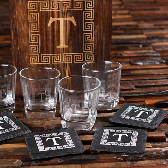 Whiskey Glasses Slate Coasters in Wood Box Groomsmen Gift