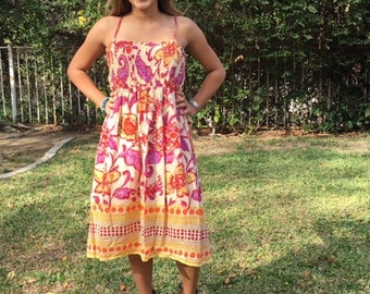 Cotton summer dress, beaded dress, XL, pale yellow, lavender, Orange