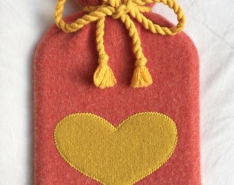 Pure Cashmere Hot Water Bottle Cover with yellow love Heart // Gift For Her // Gift For Him // birthday gift