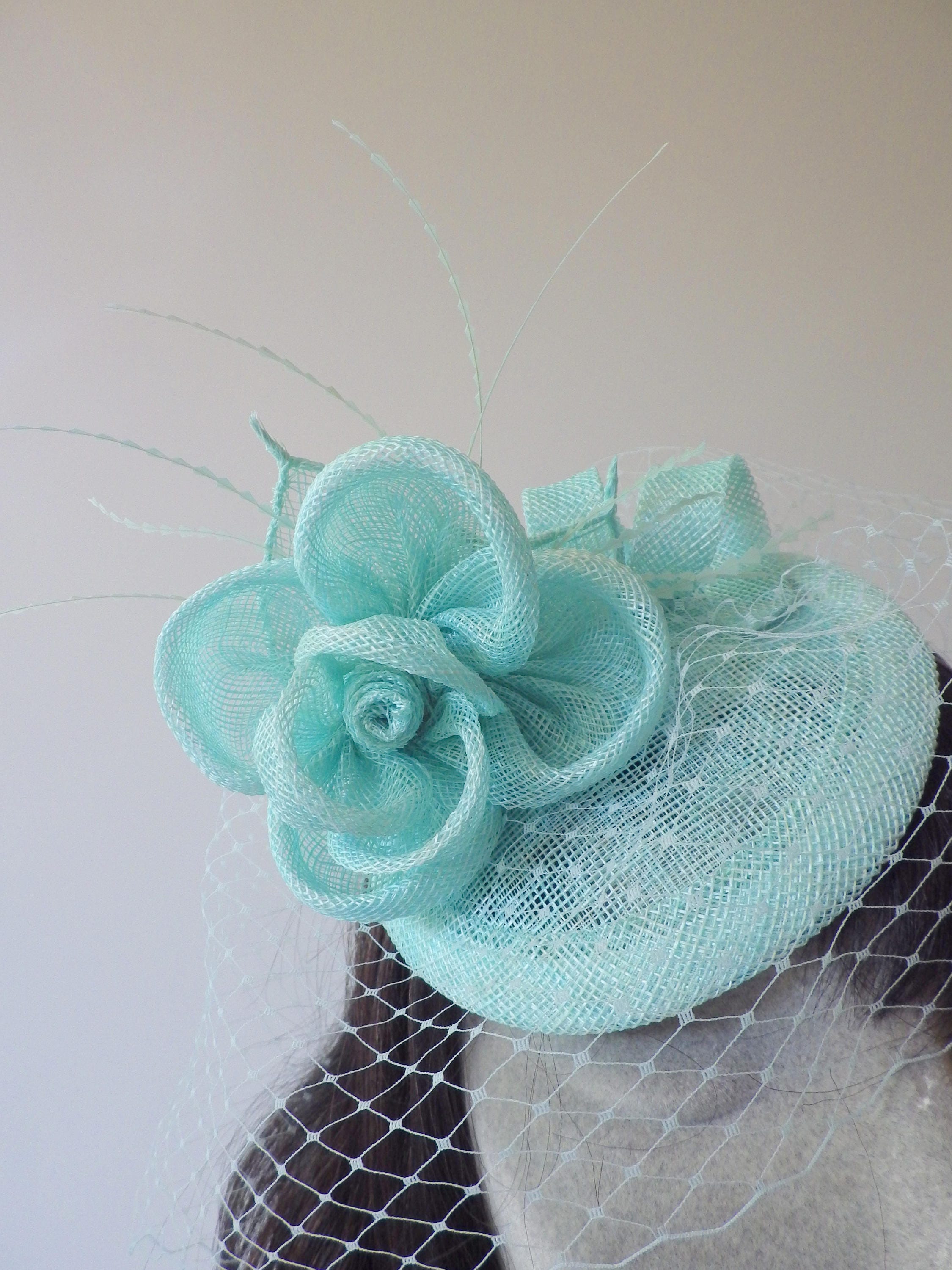 Mint Aqua Fascinator Veil Cocktail Hat. Sinamay Straw Head