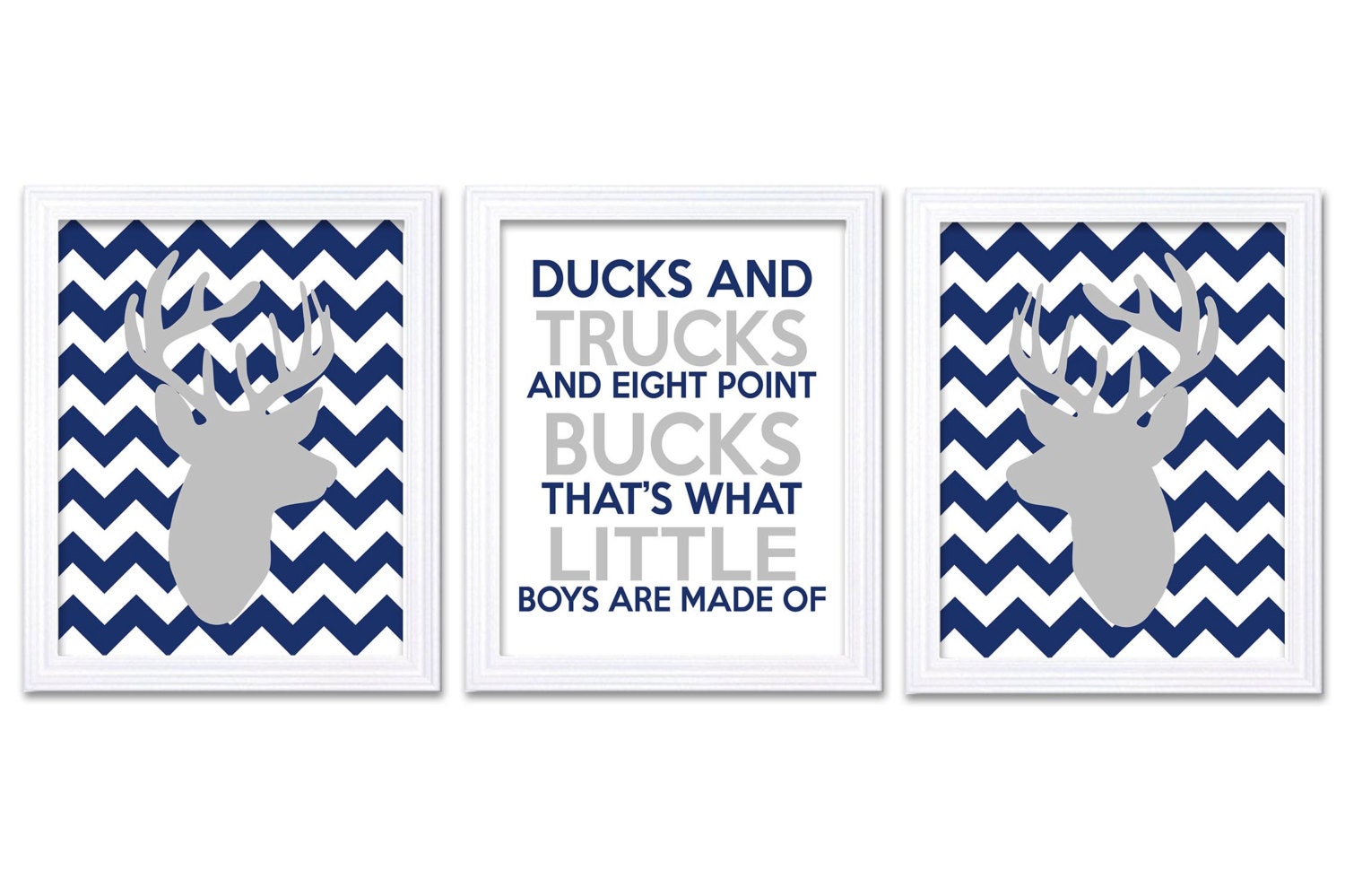 Navy Blue Silver Grey Deer Nursery Art Deer Head Prints Set of 3 Ducks Trucks Bucks Little Boys Are 