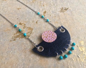 Navy Art Deco Pendant, Leather Boho Necklace, Beaded Boho Pendant, Navy Statement Necklace, Native American Jewelry, Armor and Toole