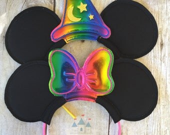 Rainbow Minnie Mouse or Mickey Wizard Hat with Plain Black Ears. Inspired by the Mouse and Disney.