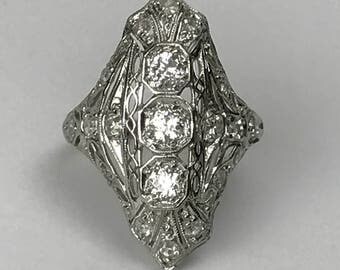 Vintage Diamond Shield Ring. Platinum. Art Nouveau Filigree. Unique Engagement Ring. April Birthstone. 10 Year Anniversary. Estate Jewelry.