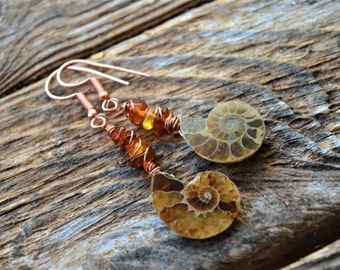 Ammonite Fossil and Baltic Amber Chips Beads Handmade Earrings,Fossil Earrings,Fossil Jewellery,Amonite Jewellery