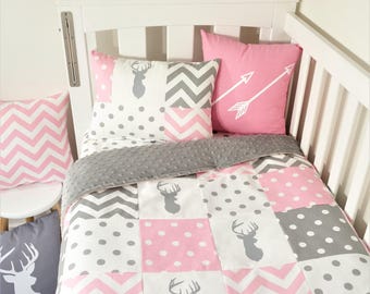 Patchwork quilt nursery set - Pink and grey deer, spots and chevron (grey minky quilt backing)